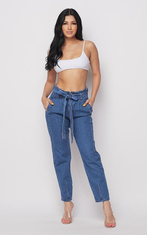 Belted Front Tie Denim Mom Jeans in Classic Denim - SohoGirl.com